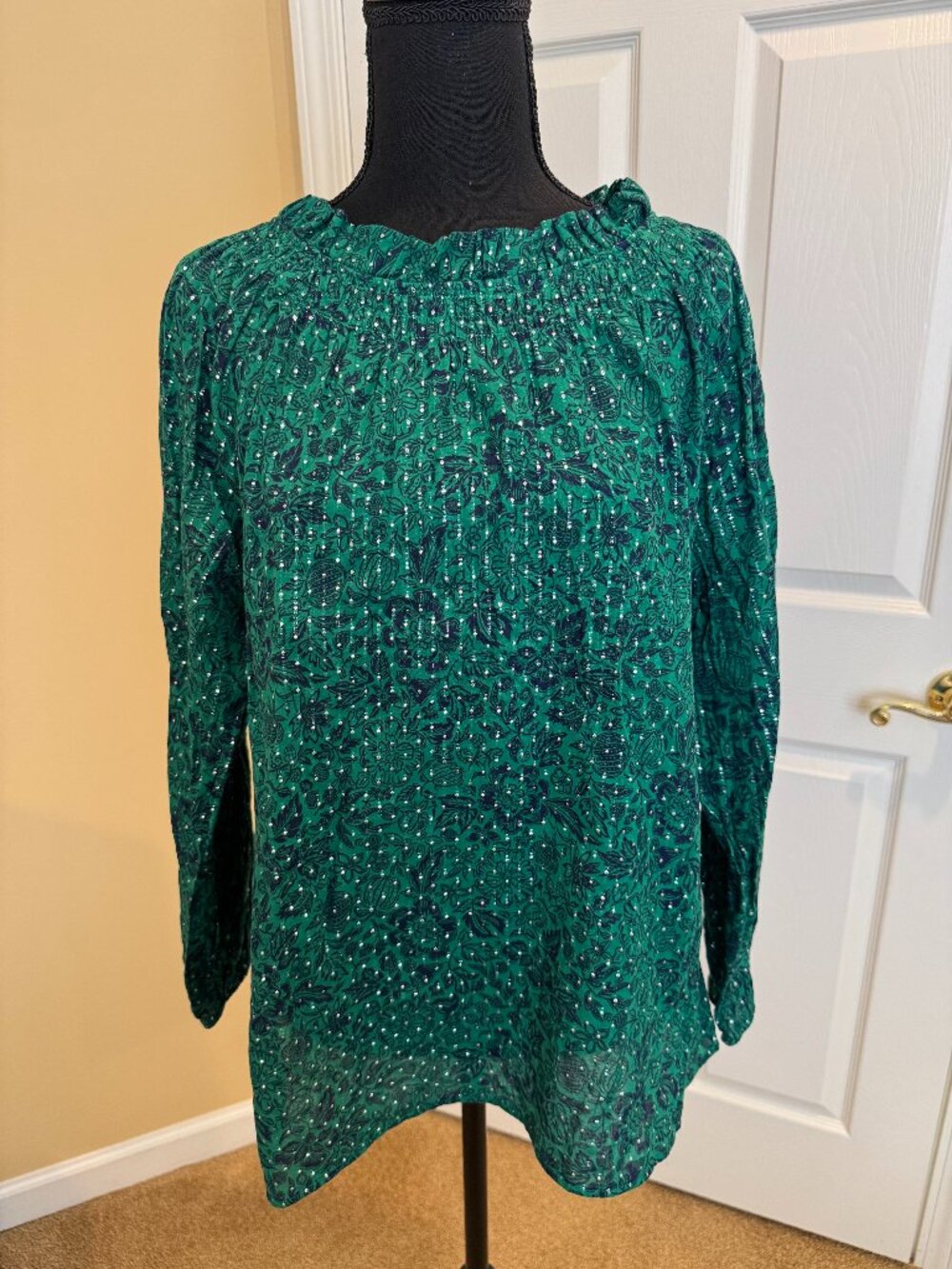 Talbots Blouse, Green and Blue with Silver Accents, Size L